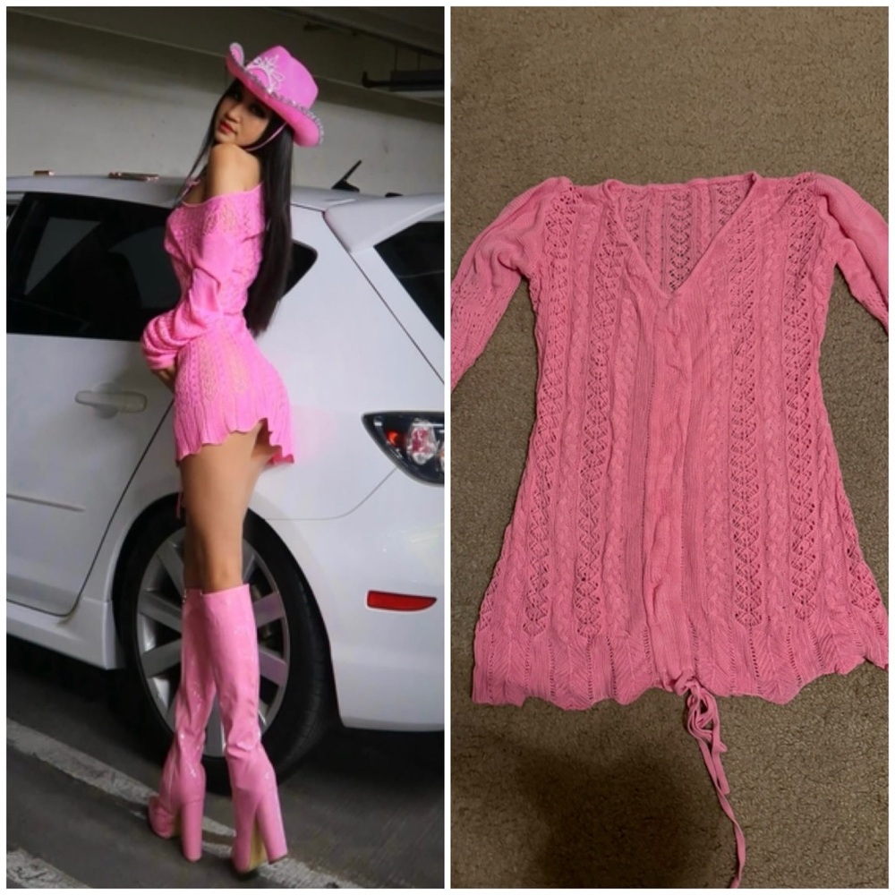 Pink Knit Dress with Lace-Up Detail